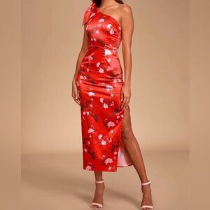 Paradiso Red Floral Dragon Print Satin One-Shoulder Midi Dress size small